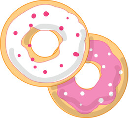 Two appetizing donuts with icing and sprinkles are lying on top of each other, a pink donut and a white donut