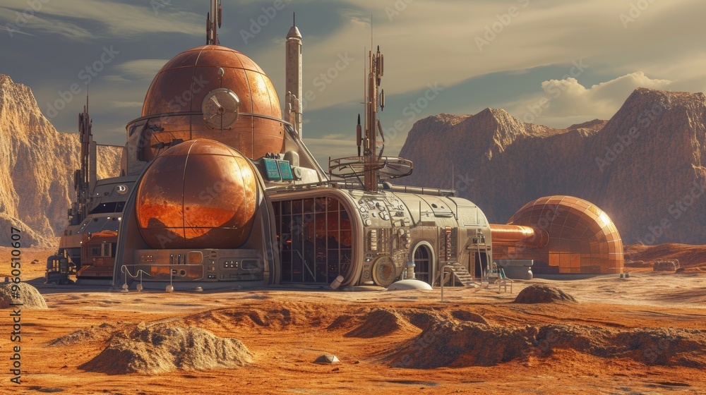 Poster a detailed 3d rendering of a futuristic mars base, featuring domed structures and advanced technolog