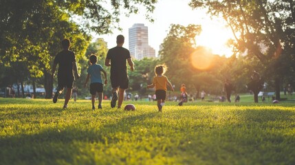 Fototapeta premium Family Stroll Through Vibrant Urban Park at Sunset