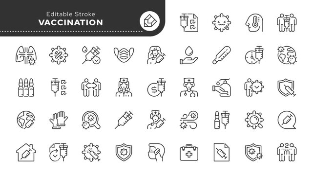 Vaccination line icon set. Injection, disease, shot, vaccine, illness, virus, doctor, nurse, patient, medicine. Outline vector icon in linear style. Conceptual pictogram collection.