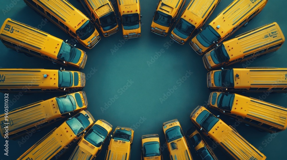 Poster dynamic back-to-school concept with circular arrangement of colorful school buses at different angle