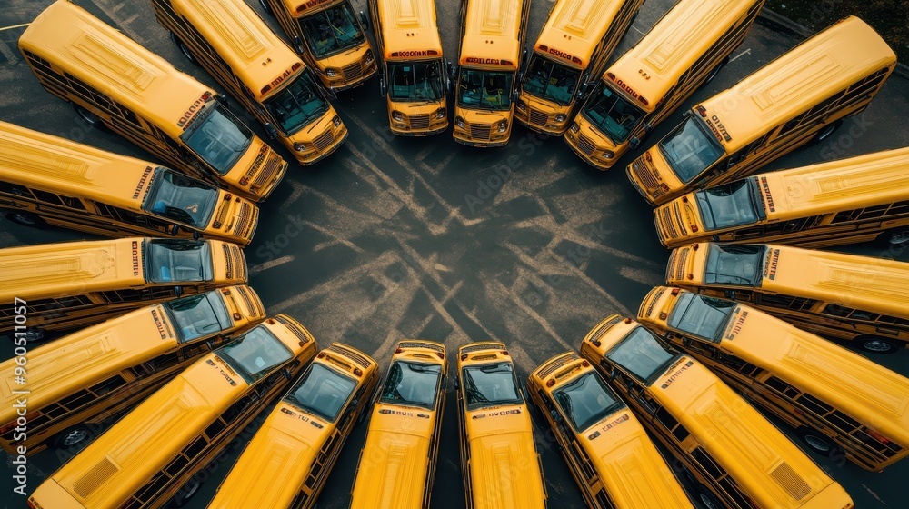 Poster circle of learning: dynamic back-to-school concept with array of school buses in circular formation