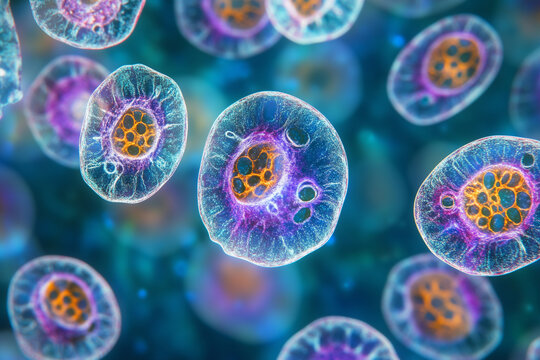 Colorful amoeba cells with orange center