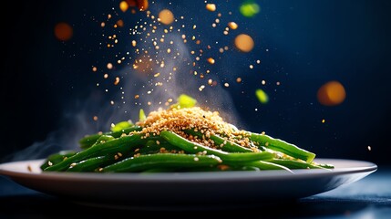 A plate of stirfried green beans with garlic, perfectly charred and sprinkled with sesame seeds, set against a dark background