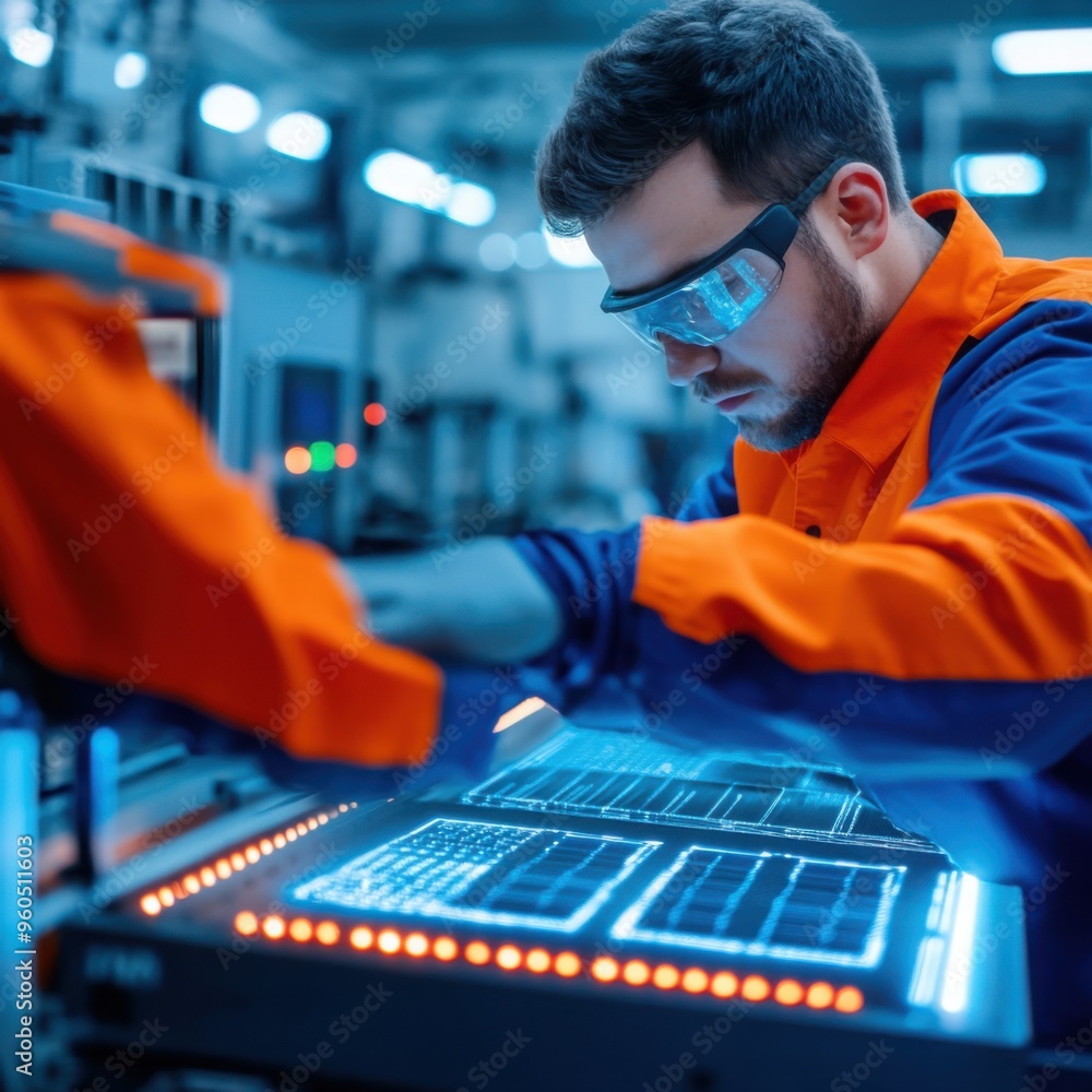 Poster engineer analyzing ev car battery performance on a digital interface, high-tech lab environment