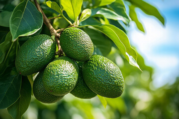 Bunch of Avocados Hanging on a Tree, Symbolizing Organic Farming and Fresh Nutrition
