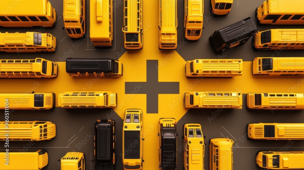Poster the intersection of education: abstract composition with school buses in cross shape