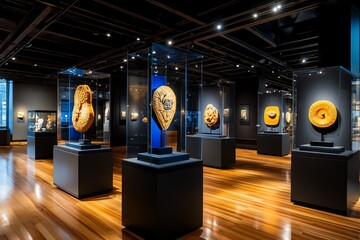 History museum gallery with artifacts from various time periods, illustrated in a scene where artifacts from different eras are displayed side by side, showing the evolution of technology, art,