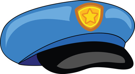 Cartoon illustration of a blue police hat with a gold badge, representing law enforcement and security