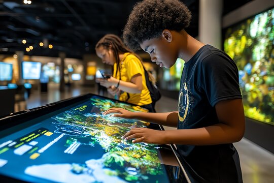 History museum interactive display with digital timelines and maps, captured in a photo where visitors engage with a large digital screen displaying interactive maps and timelines, allowing
