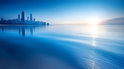 Fototapeta premium Tranquil Reflections of the Chicago Skyline on Lake Michigan at Sunset