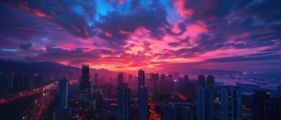 Obraz premium Golden Hour Glow: Aerial View of Bustling Cityscape at Sunset