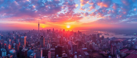 Obraz premium Golden Hour Glow: Stunning Aerial View of Vibrant Cityscape Bathed in Sunset Light