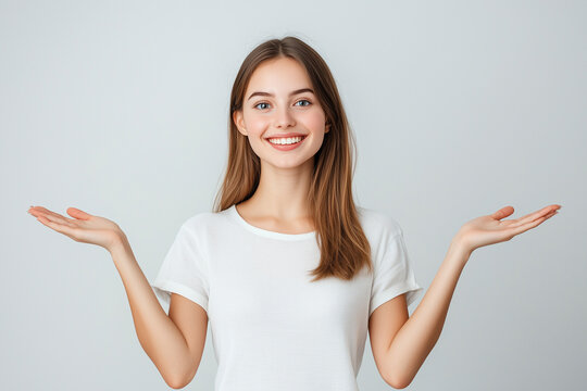 Young smiling woman with open hands palm - Powered by Adobe