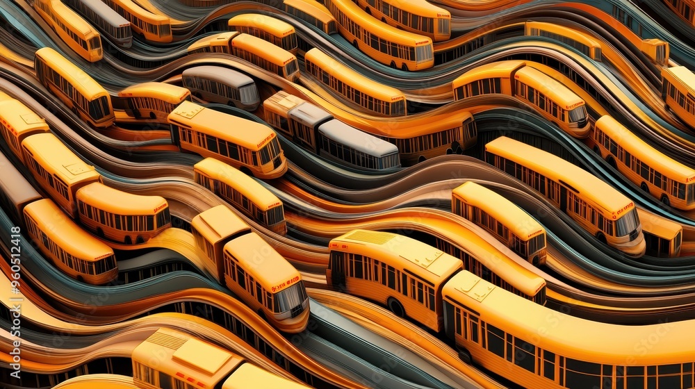 Poster flow of the school year: artistic wave pattern of school buses symbolizing transition and routine