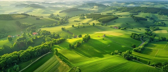 Fototapeta premium Aerial Serenity: Tranquil Countryside Landscape with Picturesque Farms and Fields