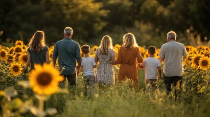 Sunflower Field Family Gathering in Warm Golden Light