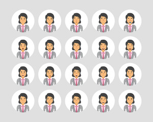 Vector young adult woman avatars and emoticons set in flat style, front view.