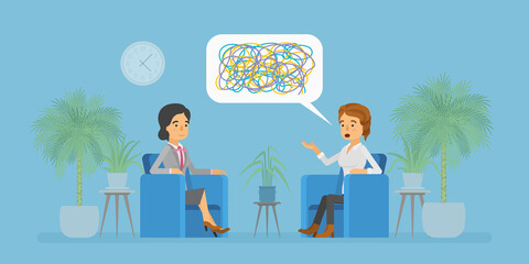 Psychotherapist and patient consultation in doctors office concept in flat cartoon style
