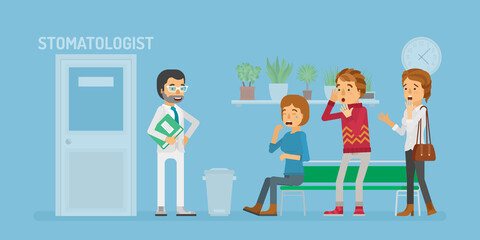 Fear of dental treatment, patients waiting for visiting dentist concept in flat style