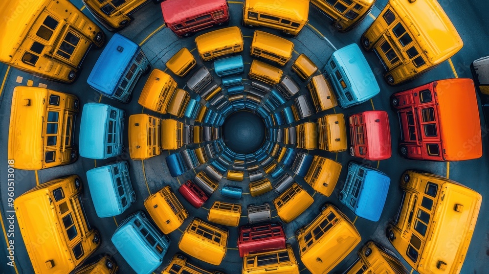 Poster infinite learning journey: abstract school buses looping in continuity