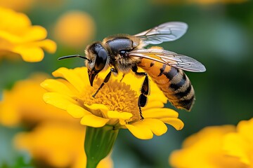 Hoverflies and marigolds, hovering visitors, yellow blooms mimic the look of bees while pollinating