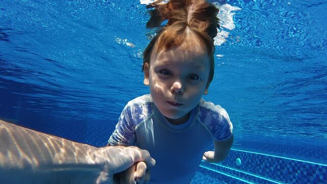 Toddler swims underwater in pool, holding his father's hand. Baby boy looks directly at camera, puffing his cheeks humorously. Then boy moves forward, reaches out to grab lens with his palm.