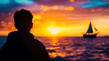 A person gazes at a stunning sunset over the ocean, with a sailboat in the distance creating a serene atmosphere.
