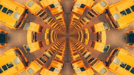 Unified Back-to-School Spirit: School Buses in Concentric Circles Embodying Connectivity and Readiness