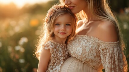 Obraz premium Close-Up of Little Girl Kissing Pregnant Mother's Belly in Park at Sunset, Both Wearing Floral Dresses, Emotional Family Portrait in Warm Golden Light, Candid Photography Capturing Tender Moment
