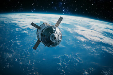 Spacecraft on blue planet background