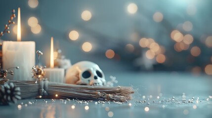 A detailed shot of spooky Halloween decorations featuring witches' brooms, skulls, and candles, creating a chilling yet festive vibe for themed projects.