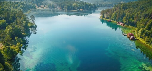 Obraz premium Tranquil Aerial View of Clear Blue Lake Encircled by Forests and Cabins in Detailed Quality
