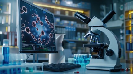 Modern laboratory with microscope and computer analyzing biological samples, representing science and research innovation.
