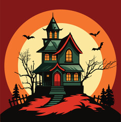 Creepy Haunted House with Full Moon Silhouette,  Halloween Haunted House Silhouette with Dead Trees, Gothic Haunted Mansion Silhouette for Horror Theme.