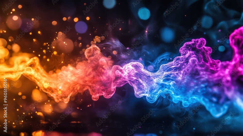 Poster a mesmerizing chain reaction unfolds with vibrant streams of colorful smoke swirling together, creat
