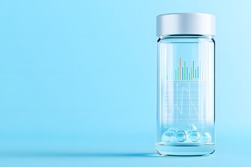 A transparent, cylindrical glass bottle with data visualizations and digital elements inside it. Clear background 