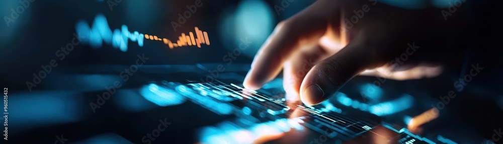 Poster close-up of a hand interacting with a digital keyboard, showcasing technology and innovation in a mo