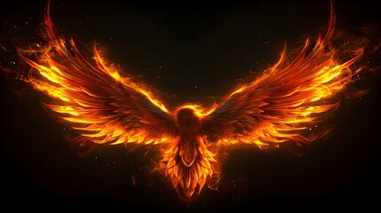 Majestic Fiery Phoenix Wings Glowing Brightly Against Dramatic Black Background