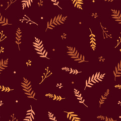 Seamless autumn pattern in the form of a solid line of hand-drawn elements of flowers, leaves, branches.
