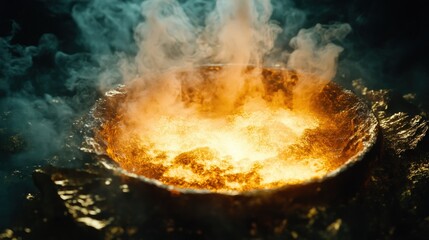 A vivid chemical reaction unfolds in a beaker, characterized by intense colors and swirling smoke. The flames illuminate the dark surroundings, creating a dynamic atmosphere