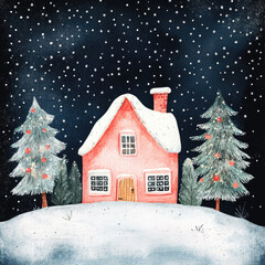 Fototapeta premium Watercolor red house in winter forest. Hand painted Christmas illustration with fir trees on black