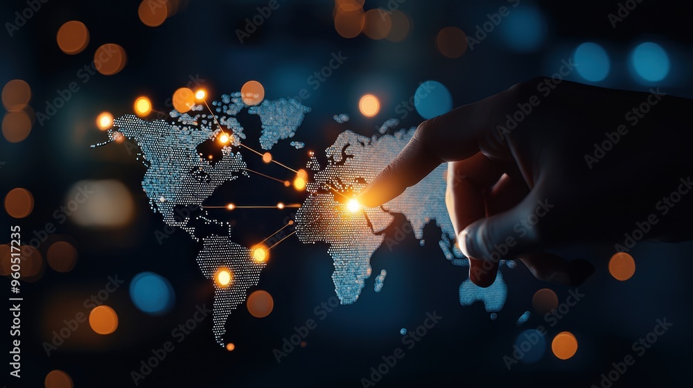 Poster a hand pointing at a digital world map with illuminated connections, symbolizing global communicatio