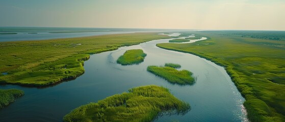 Serene Wetland Wilderness: Aerial View of Lush Marshes, Winding Waterways, and Wildlife in Quality