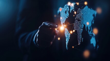 A professional hand interacts with a digital world map, showcasing global connectivity and advanced technology in a modern setting.