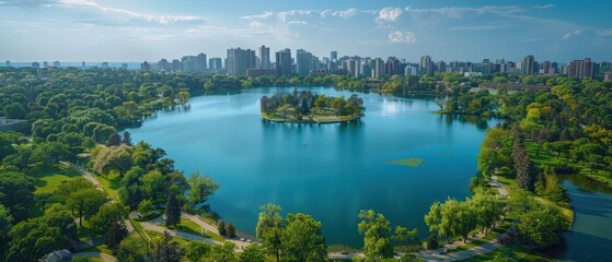 Fototapeta premium Serene Urban Oasis: Aerial View of Expansive Park with Lake and Cityscape | High- Image