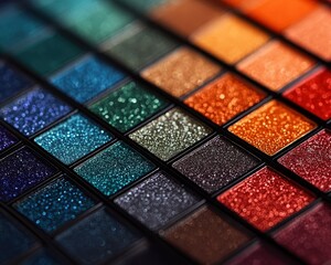 A vibrant array of glitter eyeshadow colors displayed in a makeup palette for beauty enthusiasts and professional makeup artists.