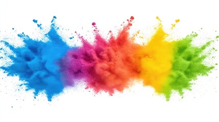 A vibrant explosion of colorful powder bursts against a clean white background, evoking joy and creativity in a festive atmosphere