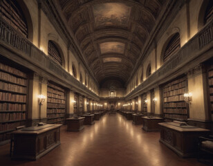 Fototapeta premium Stanza ampia con scaffali di legno, soffitto a volta e illuminazione tenue. 