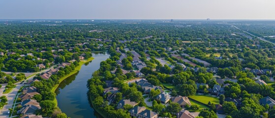 Tranquil Suburban Bliss: Aerial View of Tree-Lined Streets and Residential Houses in Quality